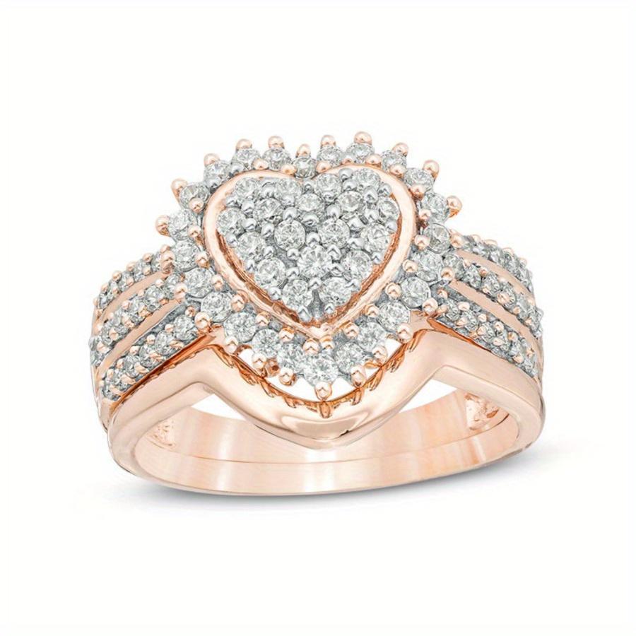 piece set of fashionable and cute alloy rings with artificial zircon heart-shaped decorations, suitable for both men and women for daily wear 5# розового золота