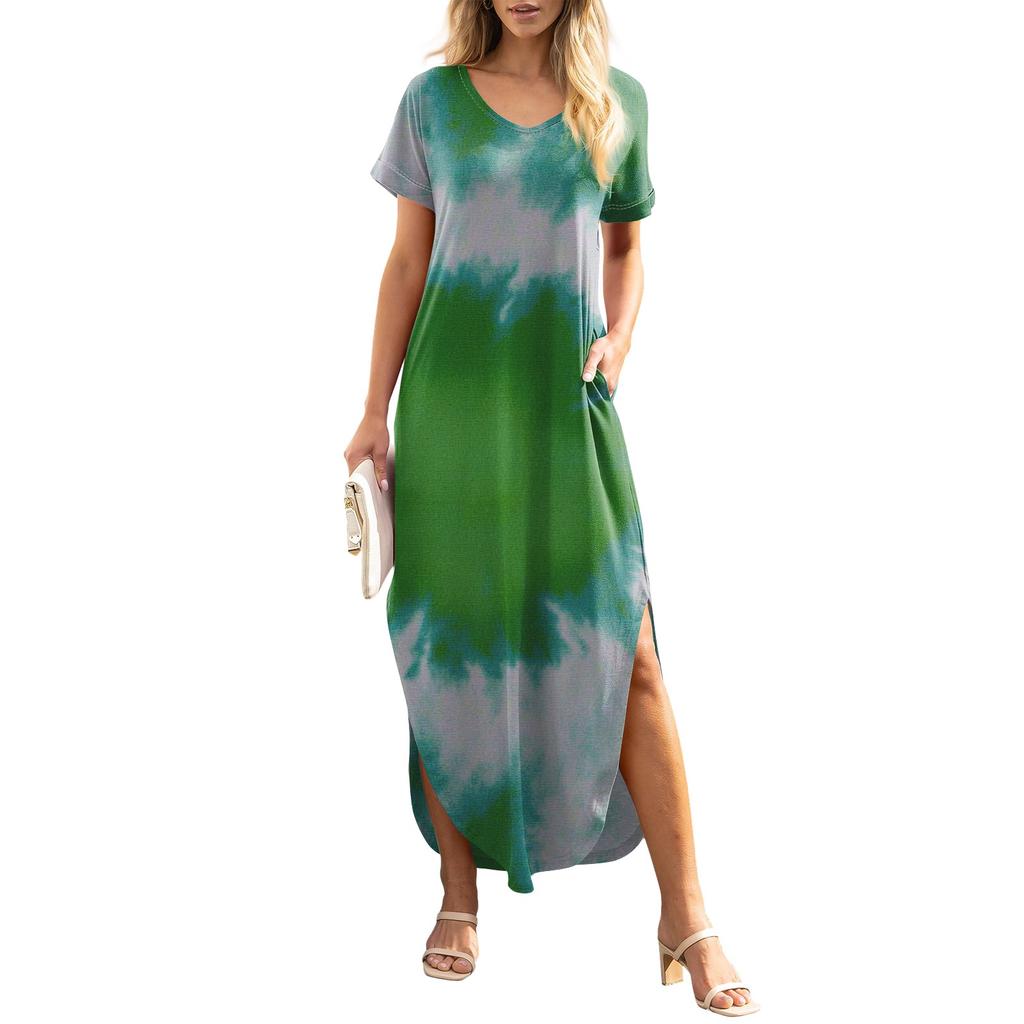 Abito Maxi da Spiaggia Estivo da Donna con Stampa Floreale Casual Ampio a Maniche Corte