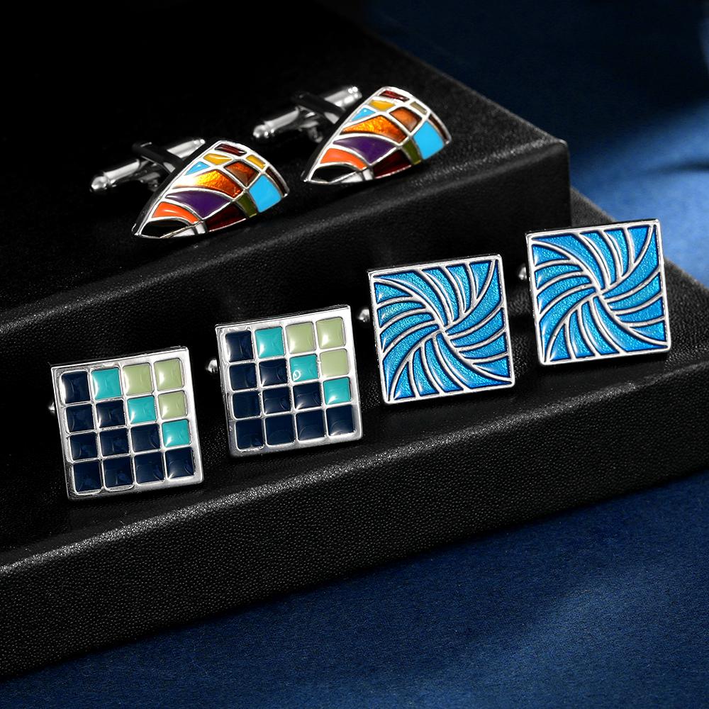 Moder Mens Coloful Pattern Square Cufflinks Pastel Sail Shaped Sleeve Button Birthday Anniversary Father's Day Pretty Gift