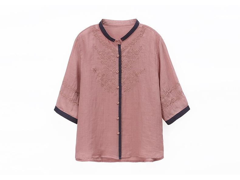 Summer 2025 Retro Embroidered Ramie Blouse: Women's Chic Color Block Age-Reducing Shirt