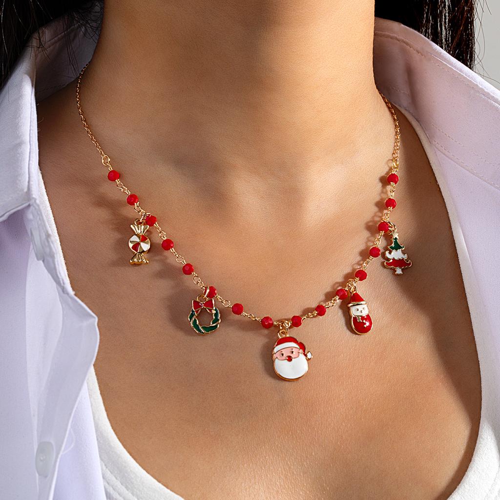 1 Christmas Cute Snowman Christmas Tree Gift Flower Knot Pendant Red Beaded Necklace Suitable for Holiday Celebrations