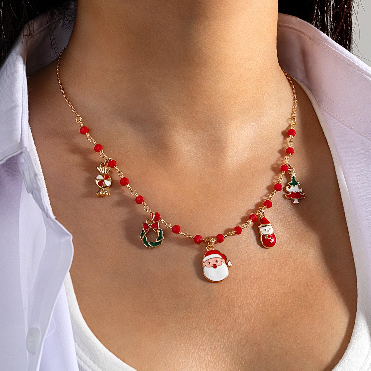 

1 Christmas Cute Snowman Christmas Tree Gift Flower Knot Pendant Red Beaded Necklace Suitable for Holiday Celebrations