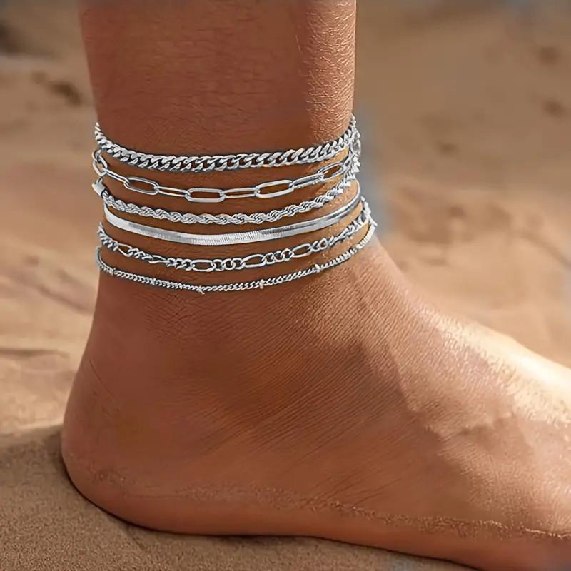 Trendy 6-Piece Women's Anklet Set: European & American Style, Multi-Layer Snake Chain Design