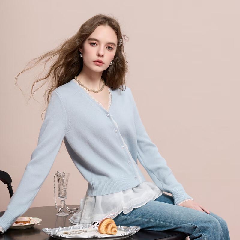 

Sancai V-Neck Lace Spliced Knit Cardigan XL