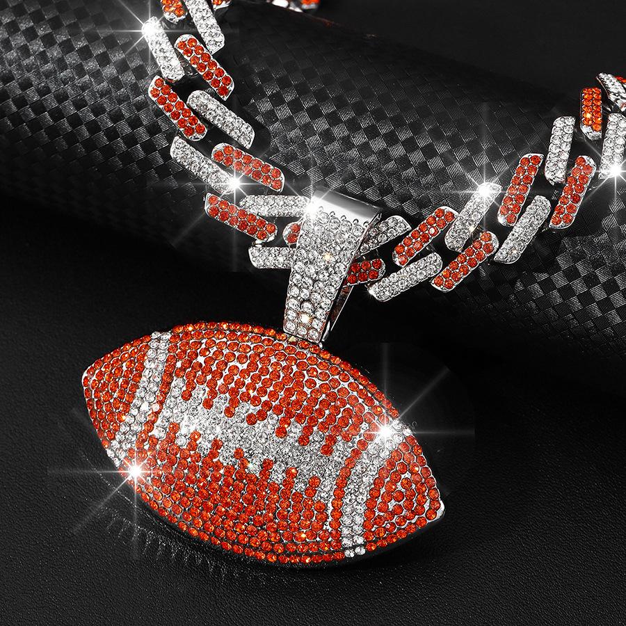 TEMU Hot Selling Full Diamond Colored Rugby Alloy Pendant, European and American Hip-hop Colored Cuban Chain Men's Necklace
