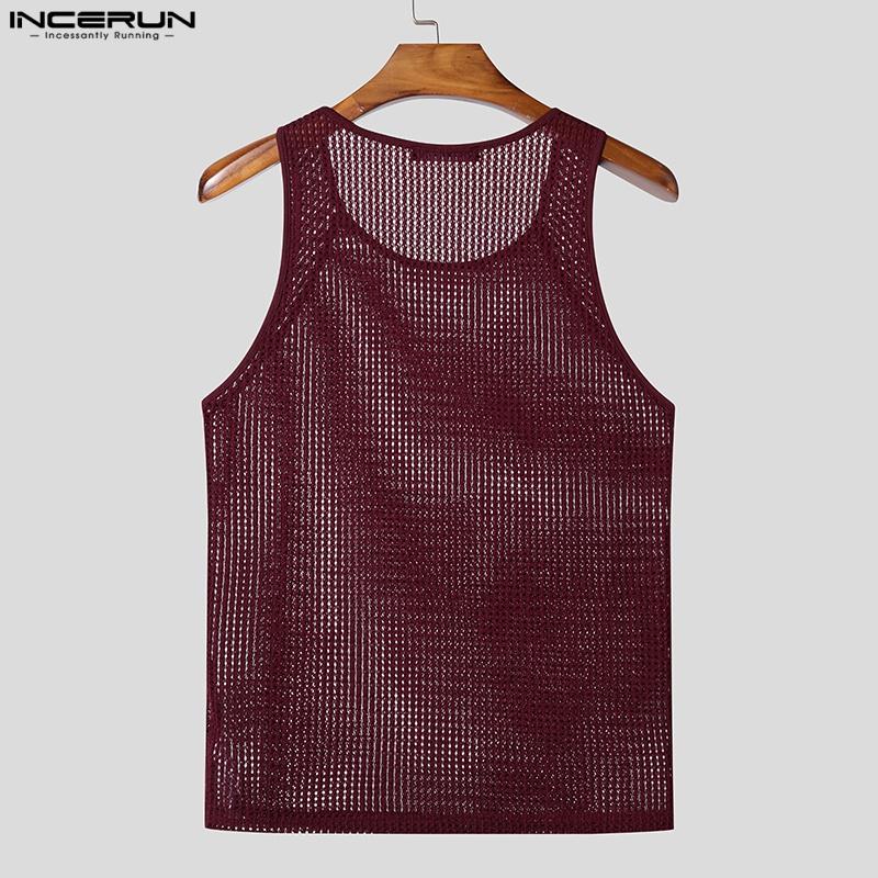 INCERUN Tricouri pentru bărbați, cu guler rotund, fără mâneci, din plasă, din netyarn, cu gol, fără manșete