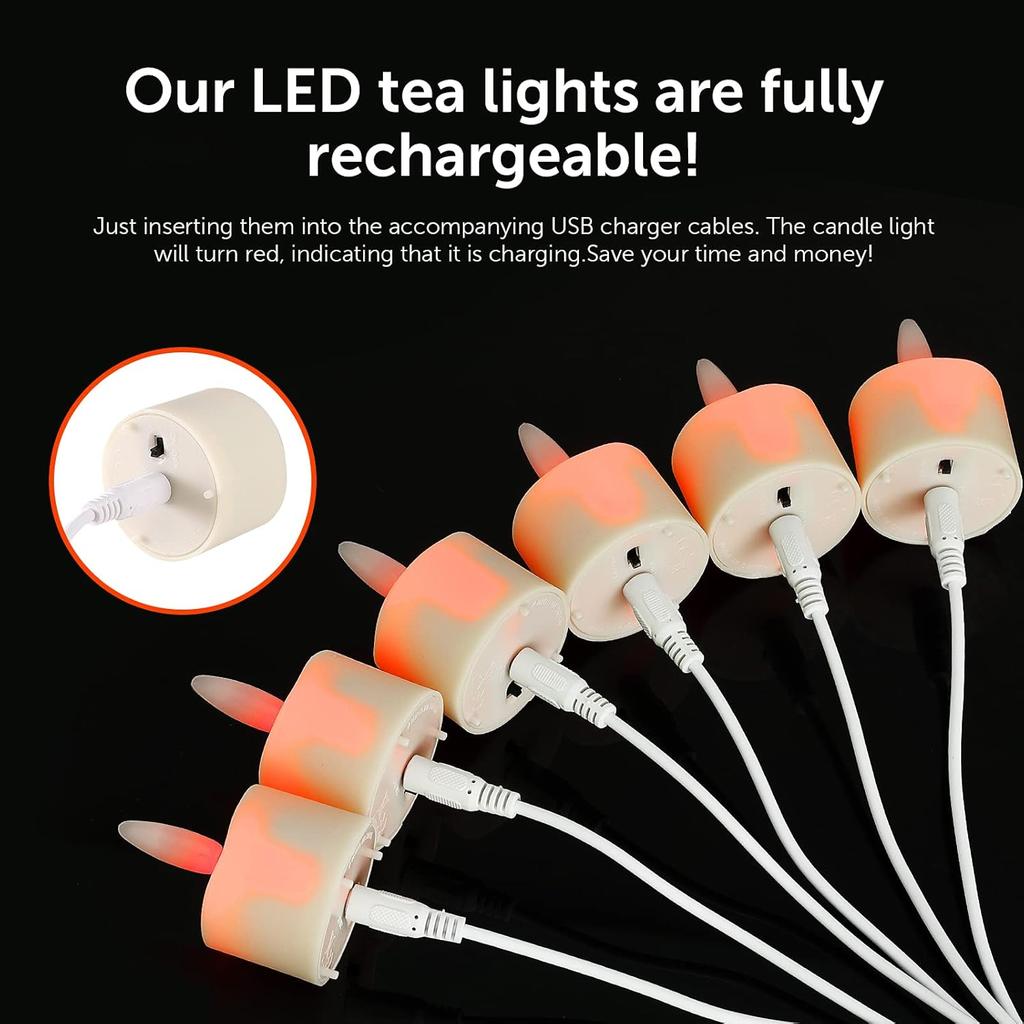 USB Rechargeable 3D Wicks Tealights Candle Flameless Flickering Battery Operated with Remote Control & Timer Realistic Led Tea Lights for Halloween