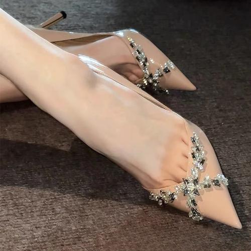 2025 New French Patent Leather Pointed Toe Low Cut Autumn Winter Nude High Heel Pumps Women Rhinestone Single Shoes
