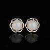 Retro Ethnic Style Jade Flower Earrings, 925 Silver Gold Plated, Inlaid Hetian Jade Studs for Women