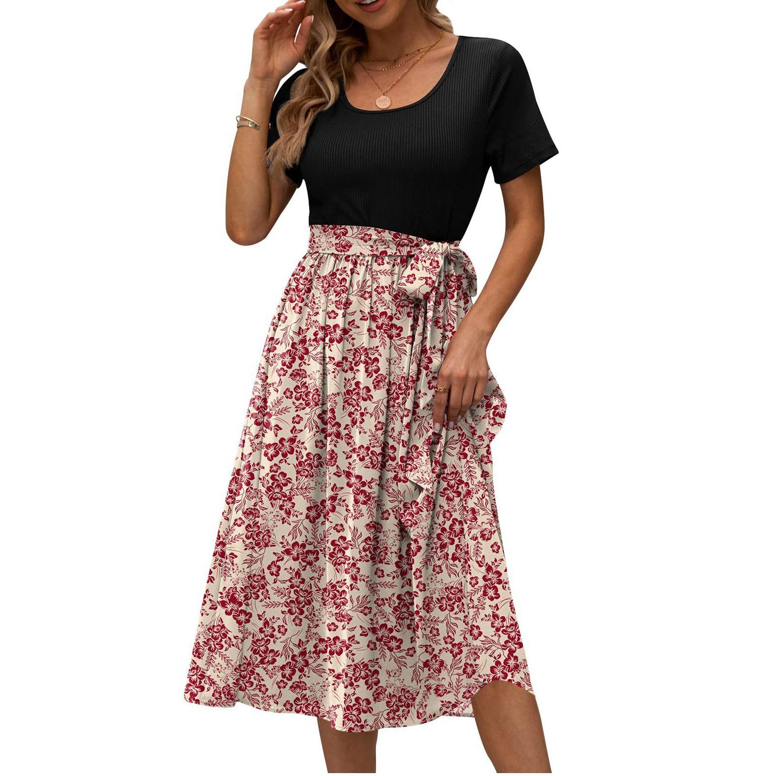 

Платья миди, женское лоскутное платье с цветочным принтом, удобное повседневное вечернее платье с коротким рукавом и круглым вырезом XL винный