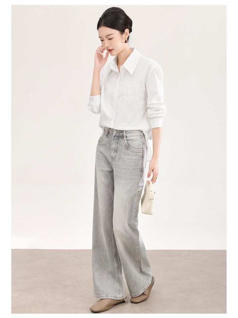 Women's Early Spring Loose Casual Lace Cotton Shirt with Bamboo Joint Design