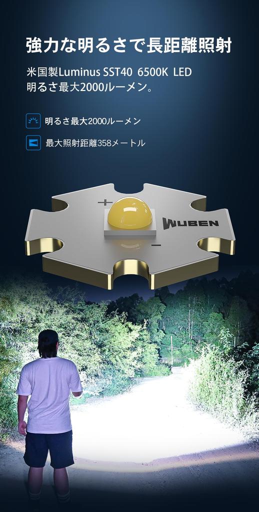 WUBEN C2 LED Portable and Portable Flashlight Ideal for Outdoor and Walking Flashlight, [2000 Lumens, Type-C, USB-A, Rechargeable, Compact, Clip-on,