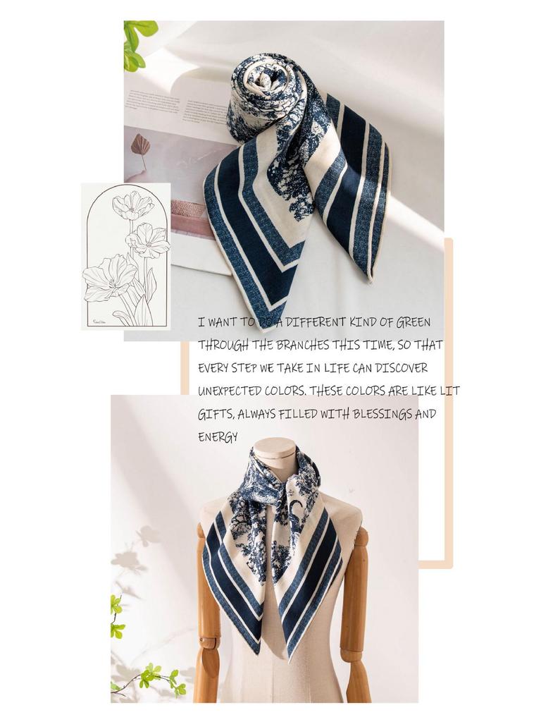 Retro Blue & White Silk Wool Double-Sided Scarf - Elegant Large Square for Autumn/Winter