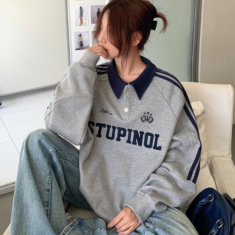 American Retro Color Block Polo Sweatshirt - Casual Loose Fit