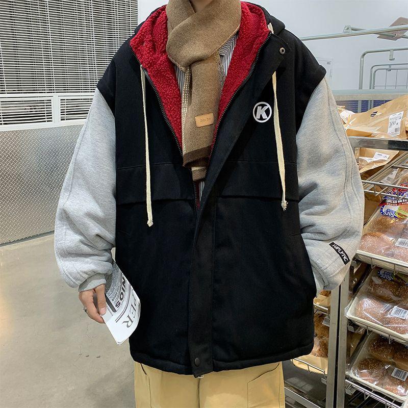 Men s Retro Cotton Hooded Jacket - Versatile Winter Fashion Patchwork Cardigan XXL чёрный