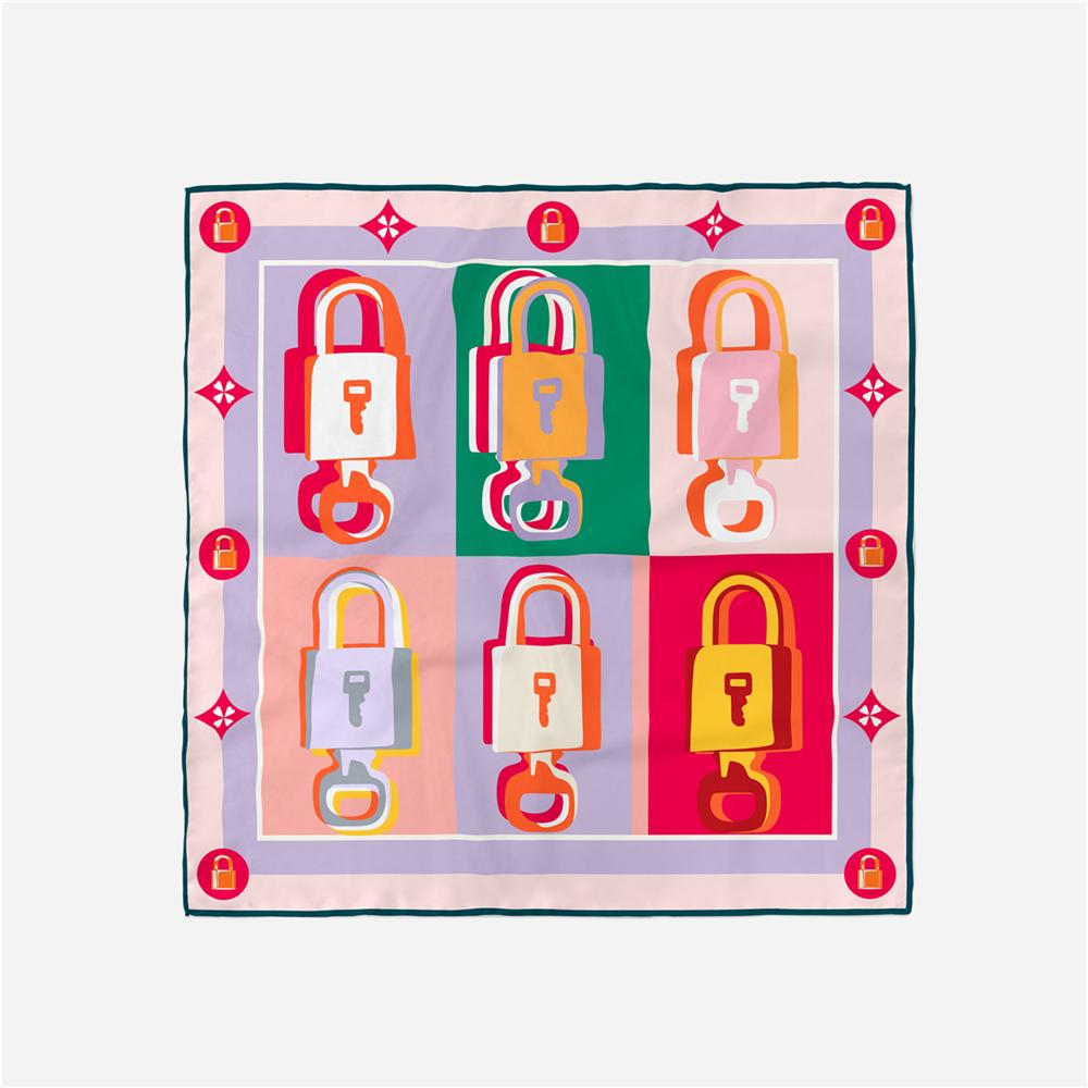 

Twill Silk Scarf Woman Lock Painting Square Scarves Wraps Bandana Small Hijabs Silk Foulards Tie Headband Neckerchief 53CM 53CM x 53CM
