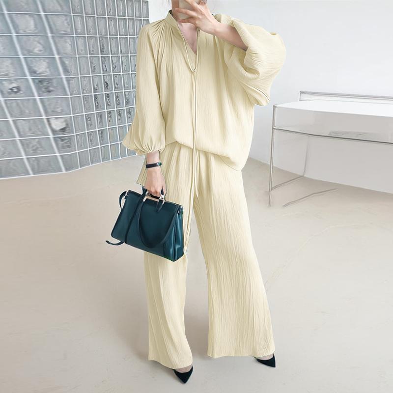 

ZANZEA Женская блузка с длинным рукавом и брюки повседневный комплект из двух частей 5XL бежевый