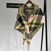 Womens Wool Blend Plaid Shawl Scarf With Color Block Design Warm Knitted Triangle Wrap Winter