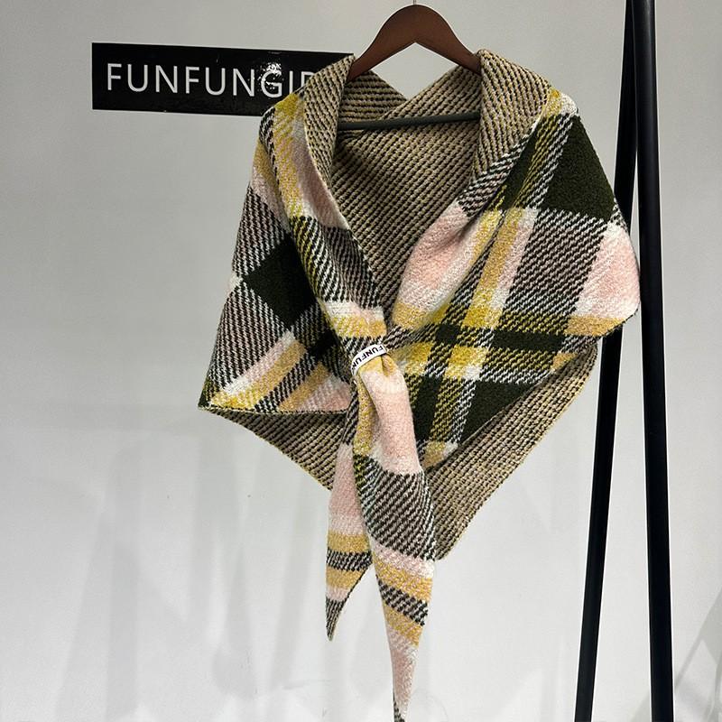 Womens Wool Blend Plaid Shawl Scarf With Color Block Design Warm Knitted Triangle Wrap Winter