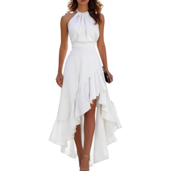 Yousheng Women Cocktail Party Dress, Halter Sleeveless Flowy Long Dress, Ruffled Irregular High Low Wedding Guest Dress