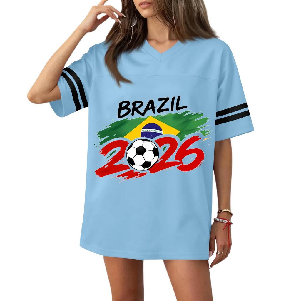 Women V Neck Short Sleeve Casual Top with Football Flag Print Loose Fit Sports T Shirt for 2026 Event Design