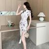 Summer Floral Cheongsam-Inspired Slim Midi Dress with Pleats and Slit