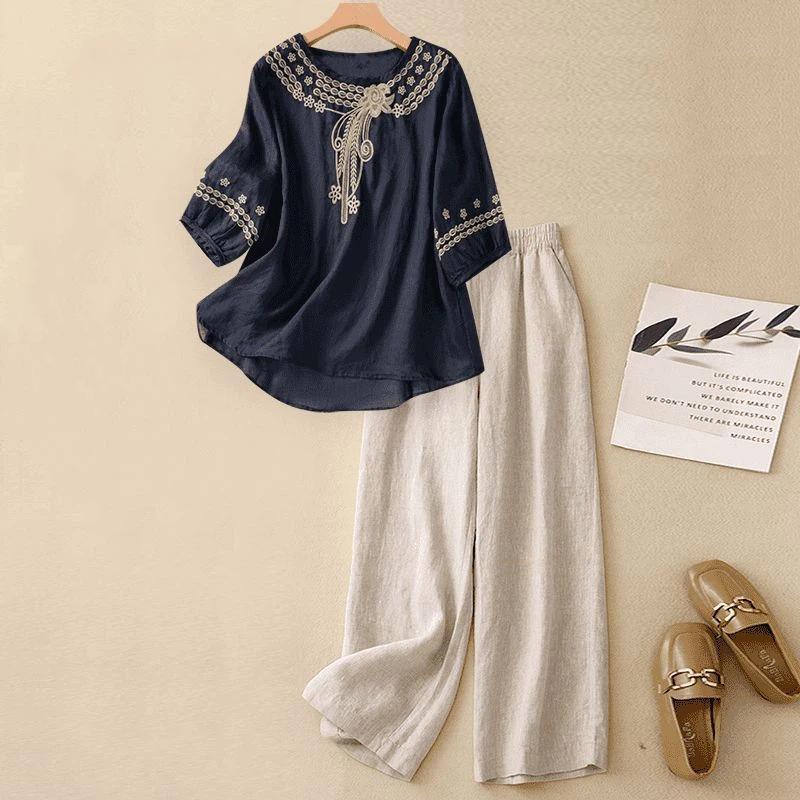 

Women s Linen Blend 2-Piece Outfit Embroidered Half Sleeve Top & Wide Leg Pants Casual Set L чёрный