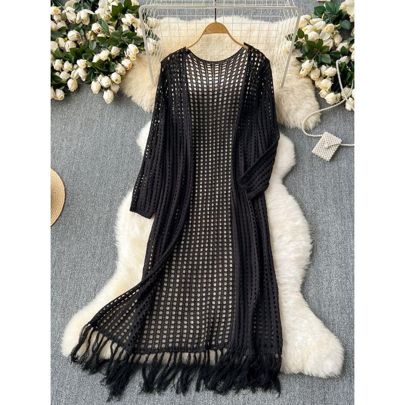 Fancy Idle Style Mid Length Long Length Cardigan Shawl Women's Seaside Holiday Travel Sun Protection Cut Out Knitting Tassel Outwear