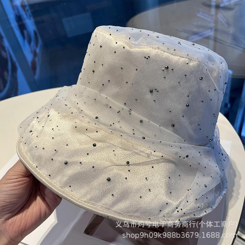 Spring and Summer New Women's Full Diamond Decoration Big Head Circumference Mesh Gauze Hat Fashionable and Casual Versatile Face Small Bucket Hat