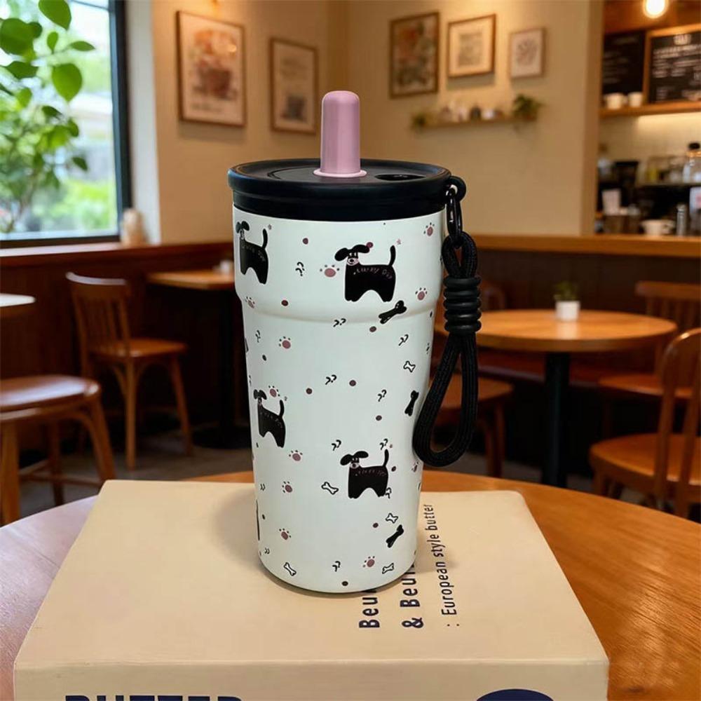 500ML Vacuum Cup Double Drink With Lifting Rope Insulated Cup Leak-proof Large Capacity Straw Vacuum Cup Drinkware as чёрный