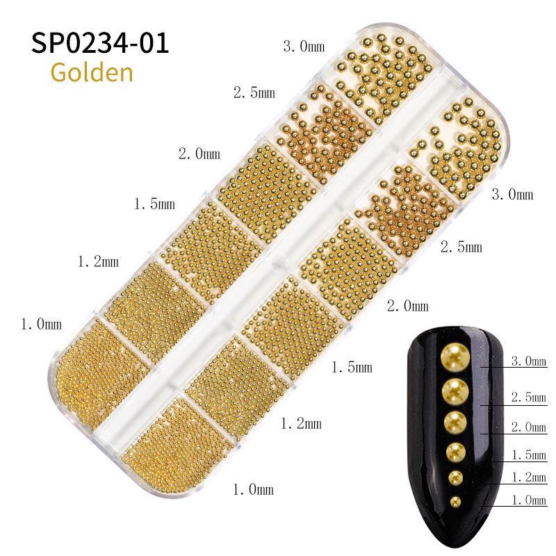 Japanese Mini Steel Beads Nail Art Accessories - Gold, Silver & Rose Gold Mix In 12 Grid Box