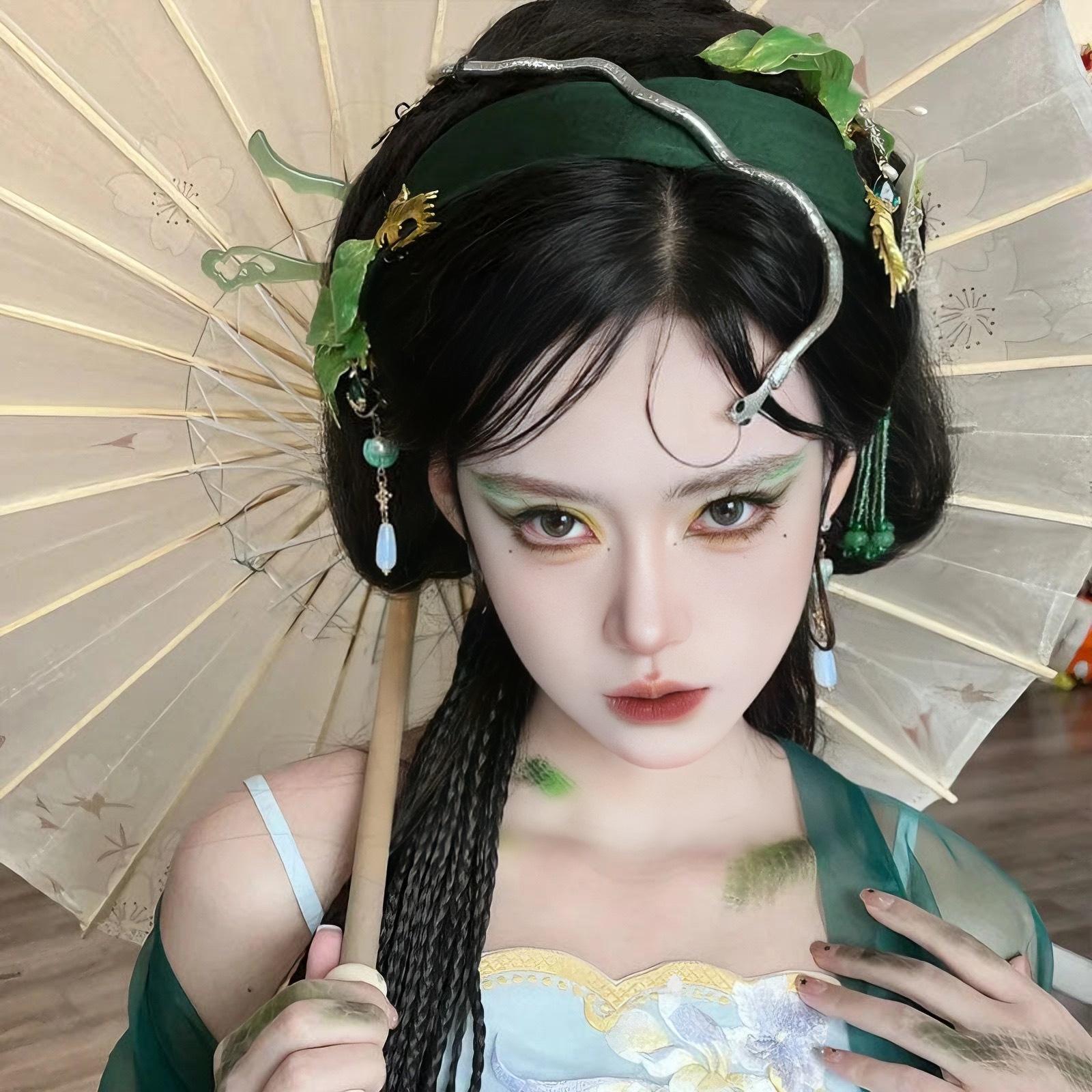 

Антикварные аксессуары для волос в виде змеи, маленький зеленый лоб, регулируемое ожерелье, зеленая змея, белая змея, фотография девушки, головной убор серебряный