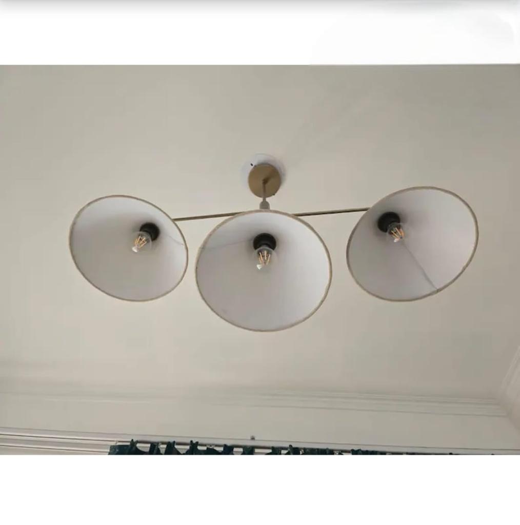 Raw Brass Pendant Light Mid Century Modern 3-Light Ceiling Pendant Fabric Shade