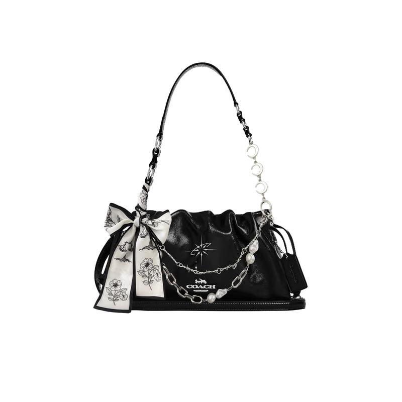 

COACH shoulder bag [Customized bag] Faye metal logo cloud leather tag sewn embroidered carriage logo extension chain Starburst white basic outfit чорний