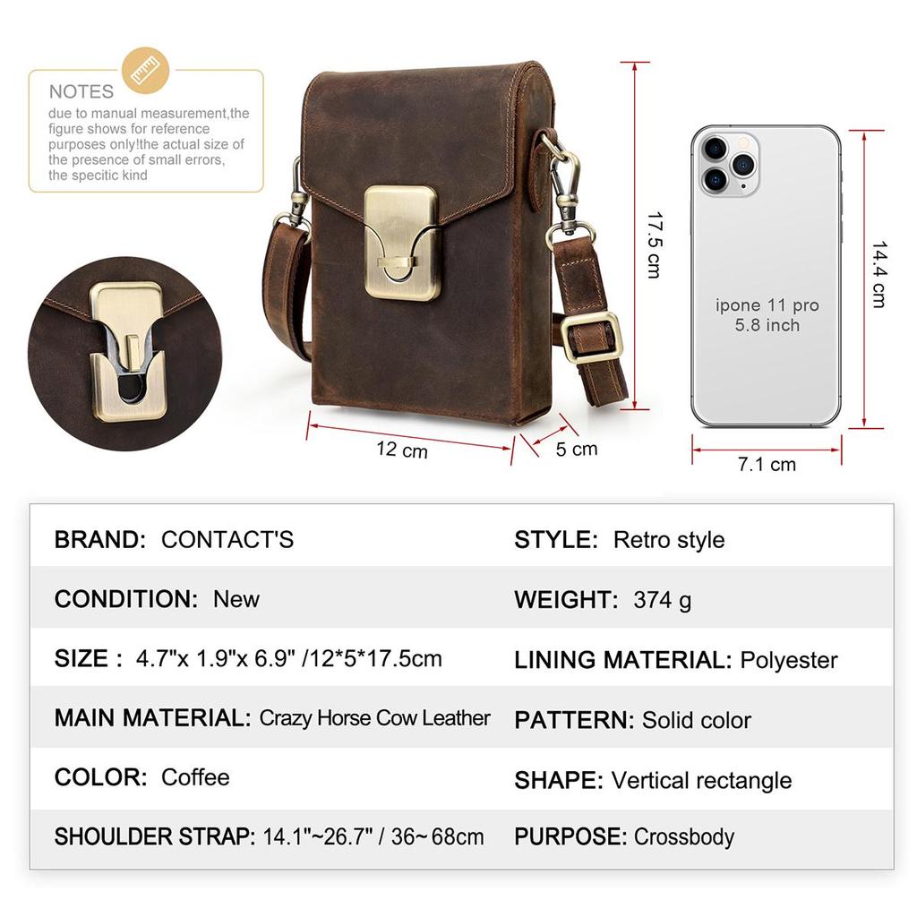 CONTACT'S Crazy Horse Leather Sling Bag For Men Liten Crossbody Bag Uformell Menn Skulderveske Høykvalitets Mobilveske