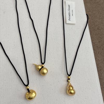 Retro Gold Gourd Small Lock Pendant Necklace - Chinese Style Black Braided Sweater Chain for Women
