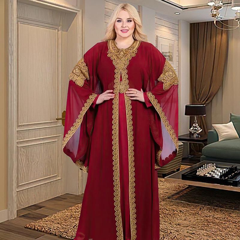 Embroidered Flared Sleeve Jalabiya with Gold Lace