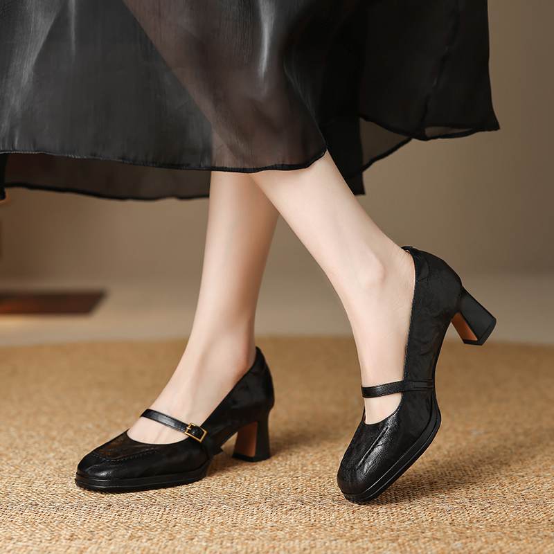 Krazing Pot Sheepskin Square Toe Size 40 High Heels Metal Buckle Decoration Fashion Gladiator Autumn Pumps