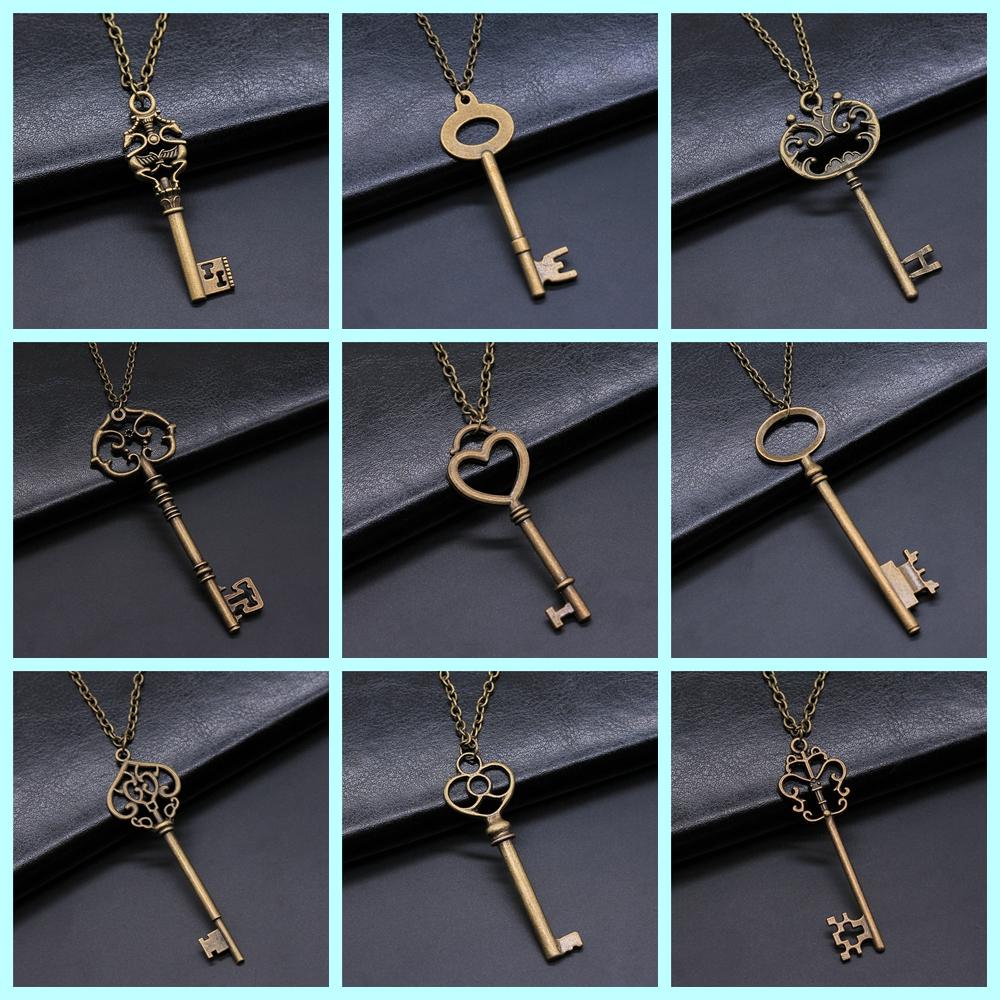2 Colors Antique Silver Color Antique Bronze Color Vintage Key Pendant Necklace For Women Long Chain Metal Chain Necklace