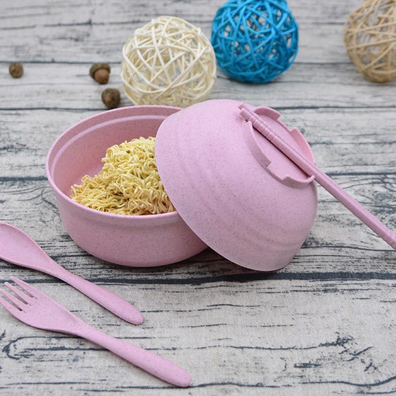 Microwave Ramen Cooker Instant Noodles Bowl with Handle Wheat Straw Tableware with Spoon Chopsticks Fork Dorm Kitchen dinnerware