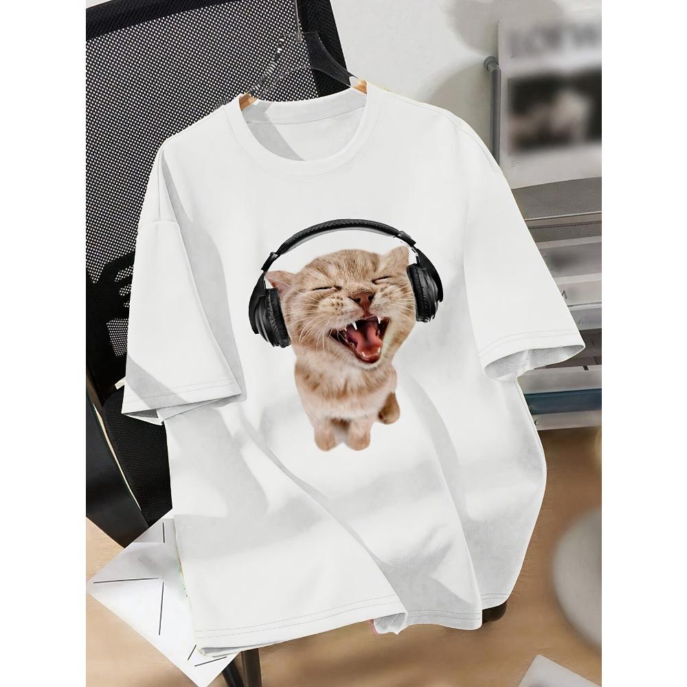 

Women Cotton Short Sleeves T-shirts Headphones Cat Women s Tee Funny Kitten Graphic Casual White Top S