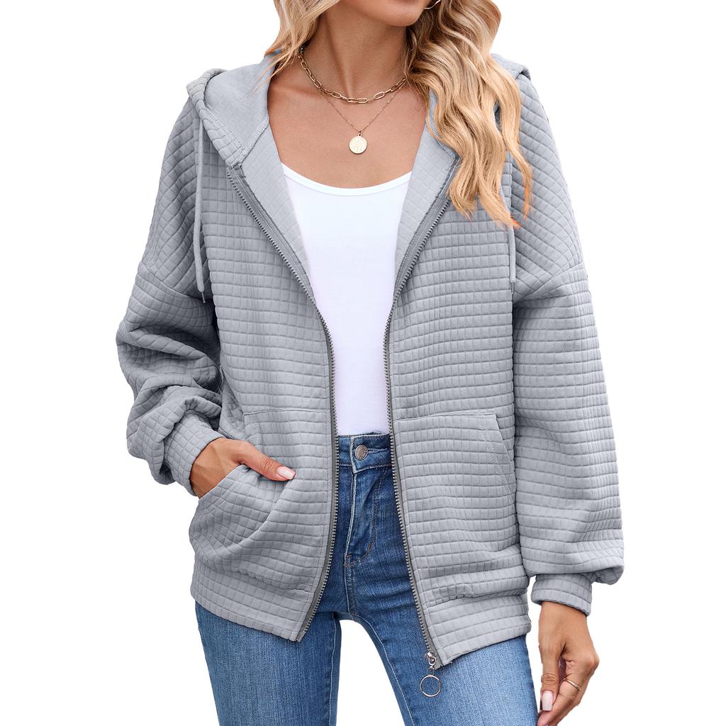 European and American-style Women's Solid Color Zip-up Long-sleeve Hooded Sweatshirt/jacket for Fall and Winter