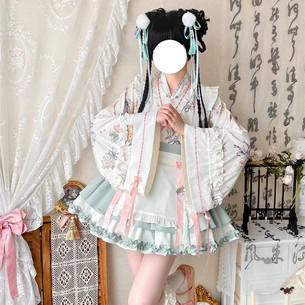 Maid Set with Chinese Printed Flared Mini and Bow Perfect for Everyday and Anime Conventions Size [SDSXZWG] Women's 4-Piece Skirt, Style, Piping,
