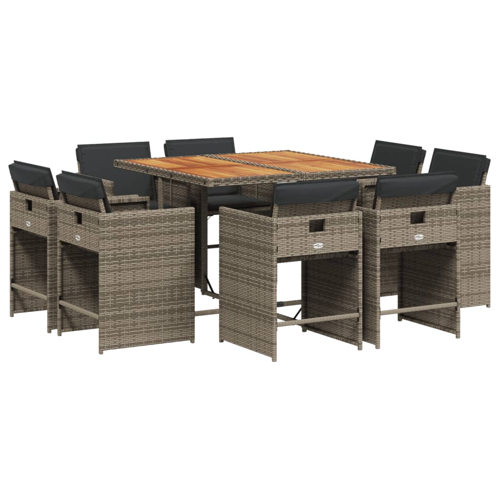 9 Piece Outdoor Dining Set with Cushions Grey Poly Rattan