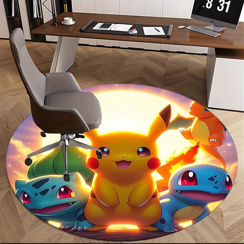 1pc Pikachu & Friends Pokémon Round Carpet - Anime Design Chair Mat, Non-Slip Rug for Office, Home Decor, Living Room