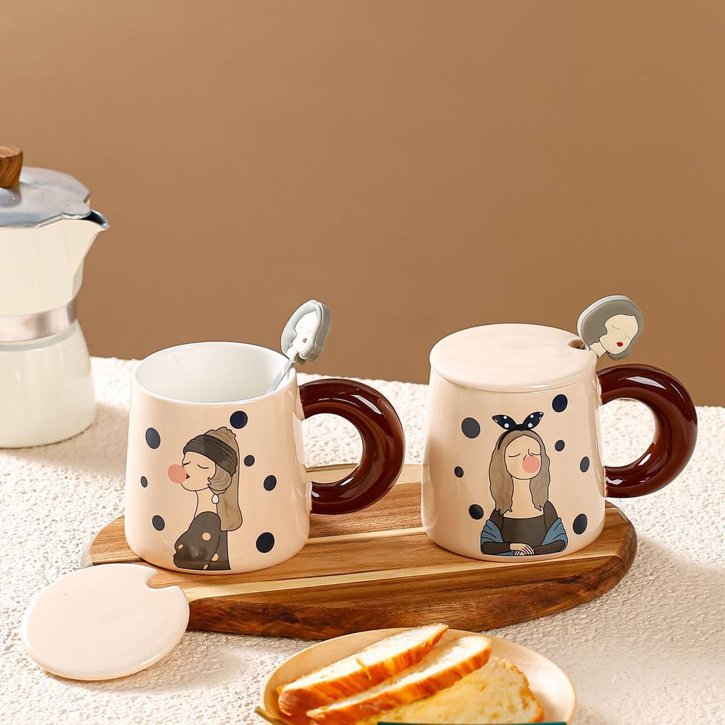 Cartoon Ceramic Cup with Lid Spoon Modern Girl Mug Creative Contrasting Color Breakfast Cup Household Water Cup Couple Cup