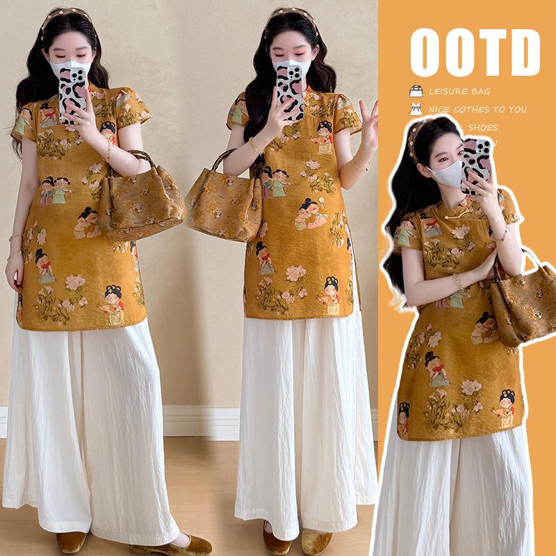 

2026 Chinese-Style Frog Button Floral Top & Adjustable Wide-Leg Pants Set L
