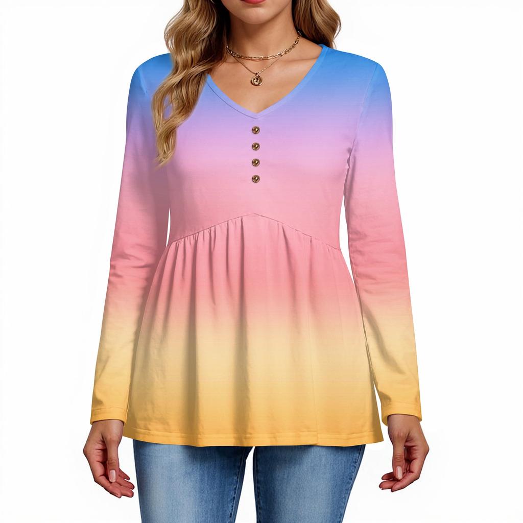 Women's Casual Fashion V-Neck Button Gradient Long Sleeve Top
