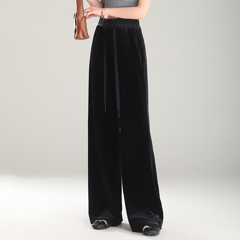 Women's High-Waist Golden Velvet Wide-Leg Pants - Spring/Summer 2026 Collection, Fashionable Black Drapey Casual Style.