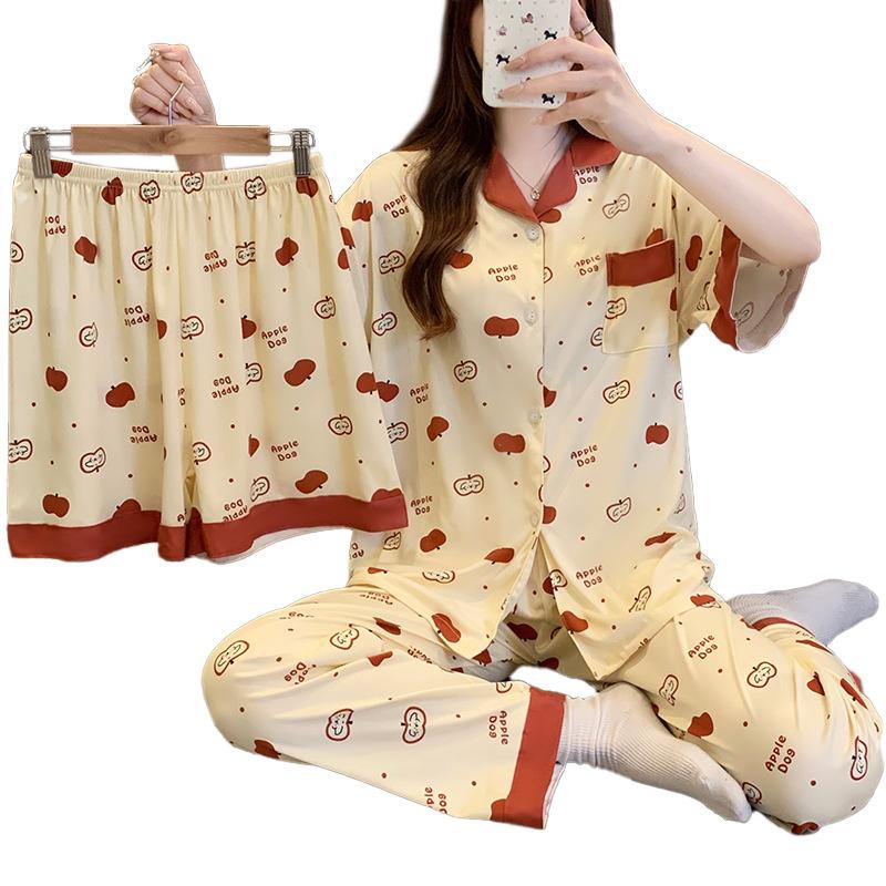 Spring And Summer Pajamas Women'S Summer Cartoon Apple Full Print Short-Sleeved Three-Piece Set Thin Sweet Girl Loungewear